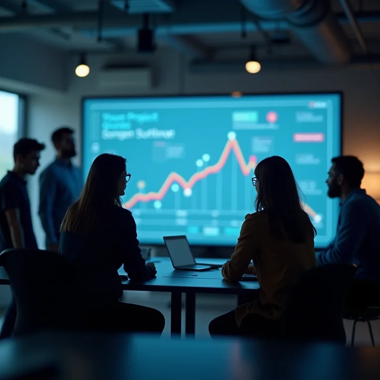 Profissionais diversos colaborando em torno de uma tela touchscreen mostrando marcos de projeto.