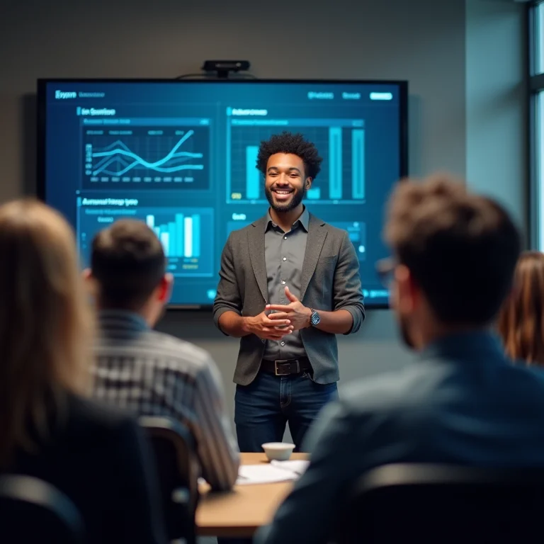 Profissional de dados apresentando insights em ambiente corporativo.