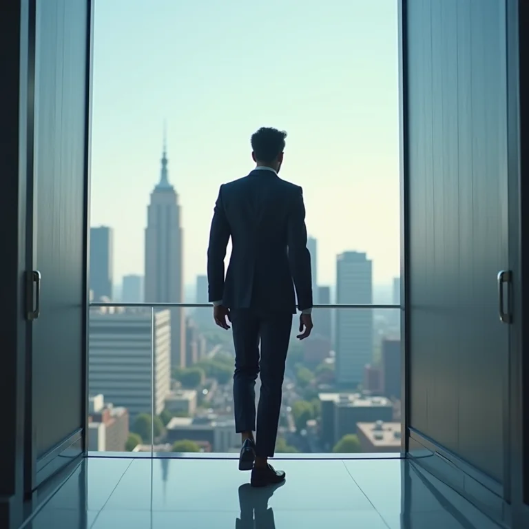 Profissional diverso entrando confiantemente em um prédio de escritórios moderno.