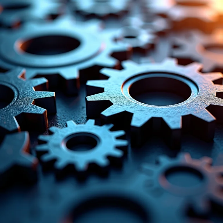 Representação abstrata de engrenagens interligadas e girando, simbolizando o desenvolvimento de habilidades.