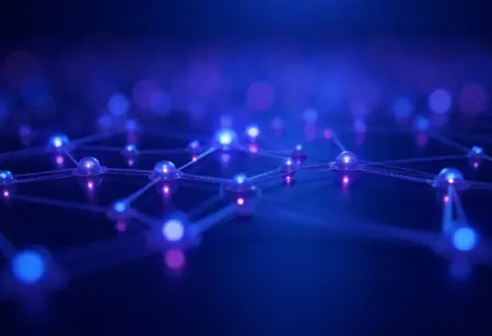 Representação visual de uma rede IoT com nós interconectados.