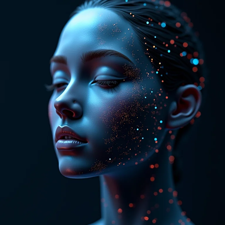 Rosto estilizado com fluxos de dados representando análise de sentimento