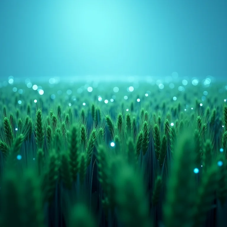 Sensores meteorológicos e dados em um campo de trigo estilizado.