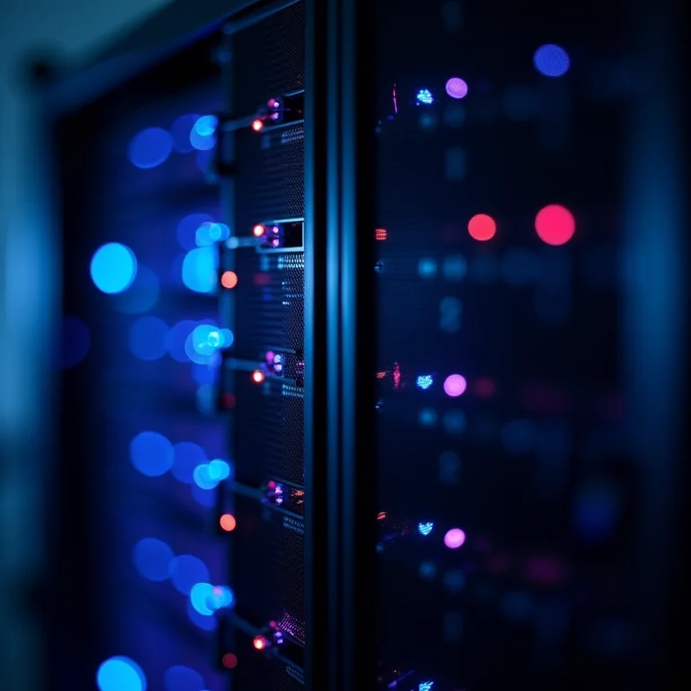 Servidores com LEDs piscando, representando segurança cibernética.