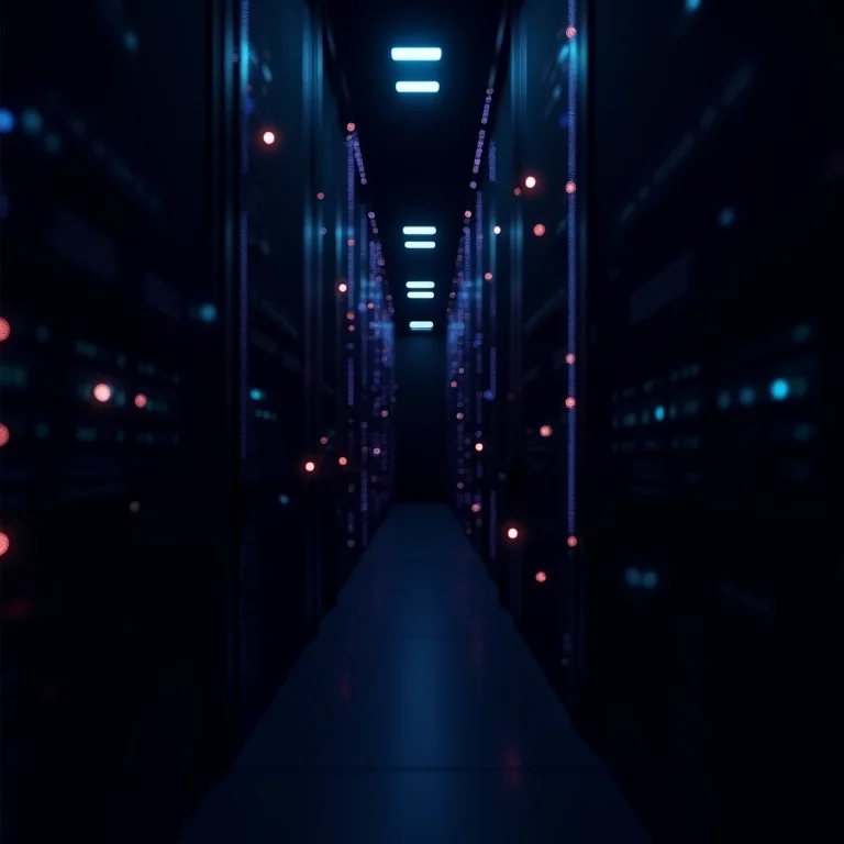 Servidores em um data center com luzes indicando monitoramento em tempo real.