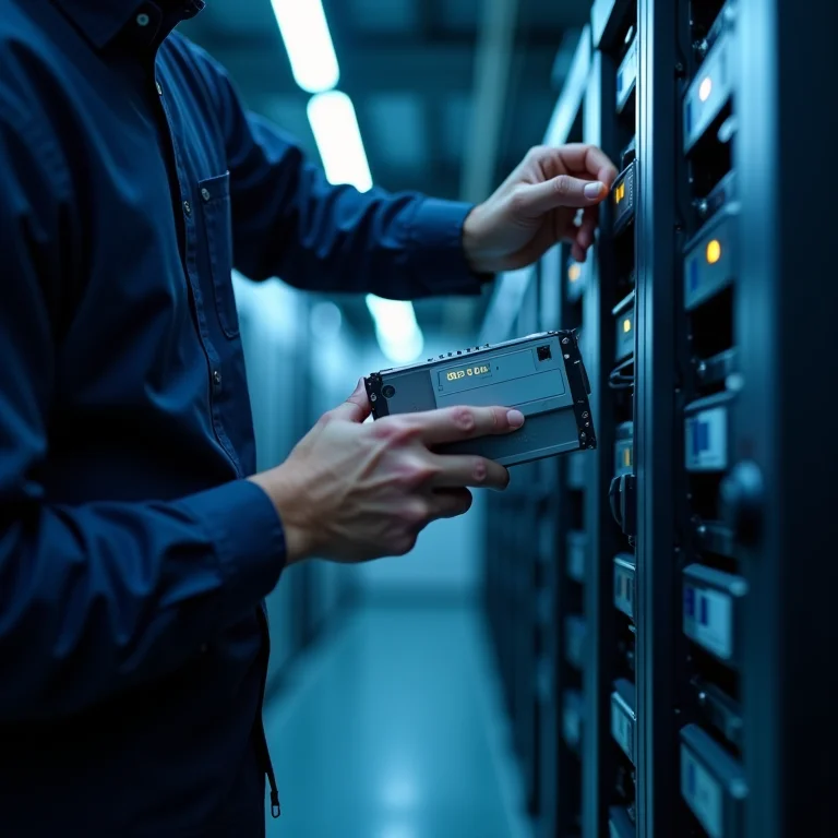 Técnico de data center armazenando fitas LTO