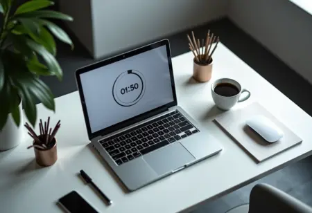 Pomodoro Timer no Windows: Aumente sua produtividade AGORA! Timer Pomodoro minimalista em tela de laptop para produtividade.