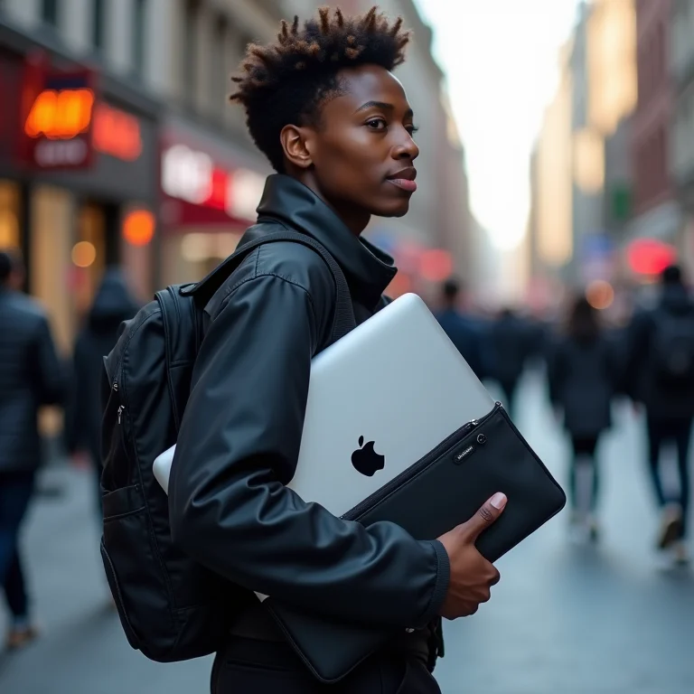 Transporte seguro de notebook em área urbana.