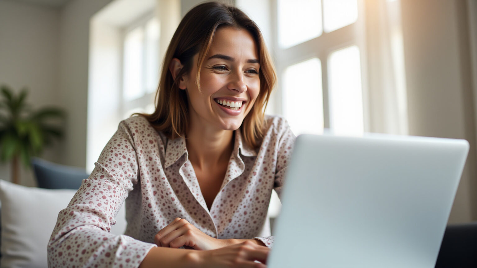 Mulher sorrindo usando laptop para encontrar cupons de desconto online.
