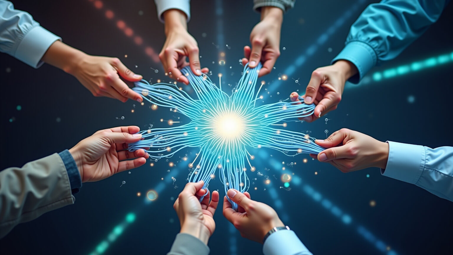 Migração de domínio visualizada como uma rede complexa sendo movida com cuidado.