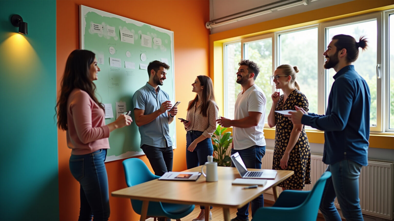 Equipe de marketing vibrante brainstorming em escritório moderno.