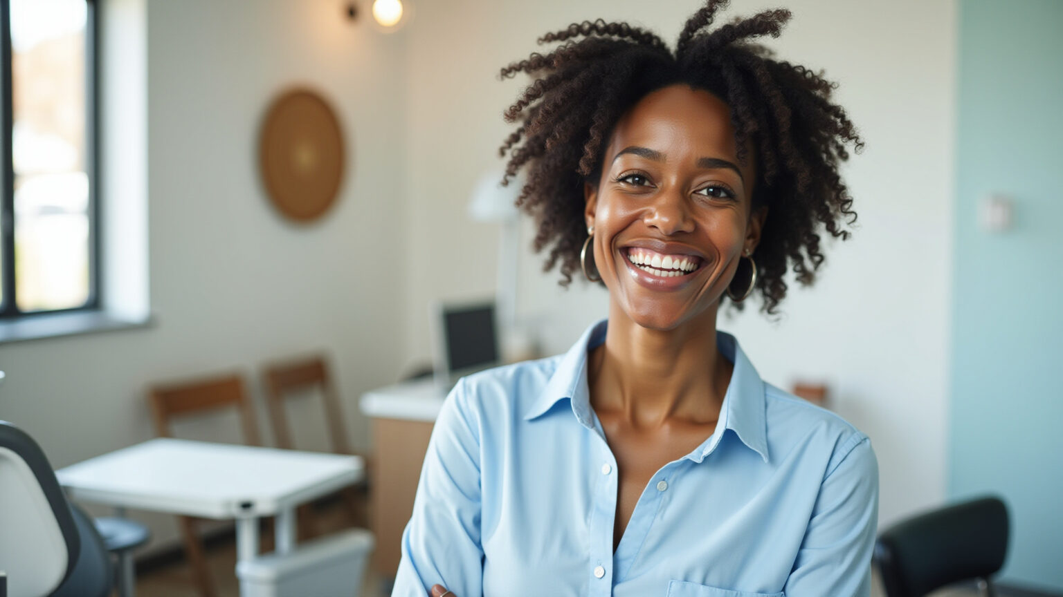 Mulher sorrindo em consultório odontológico moderno.