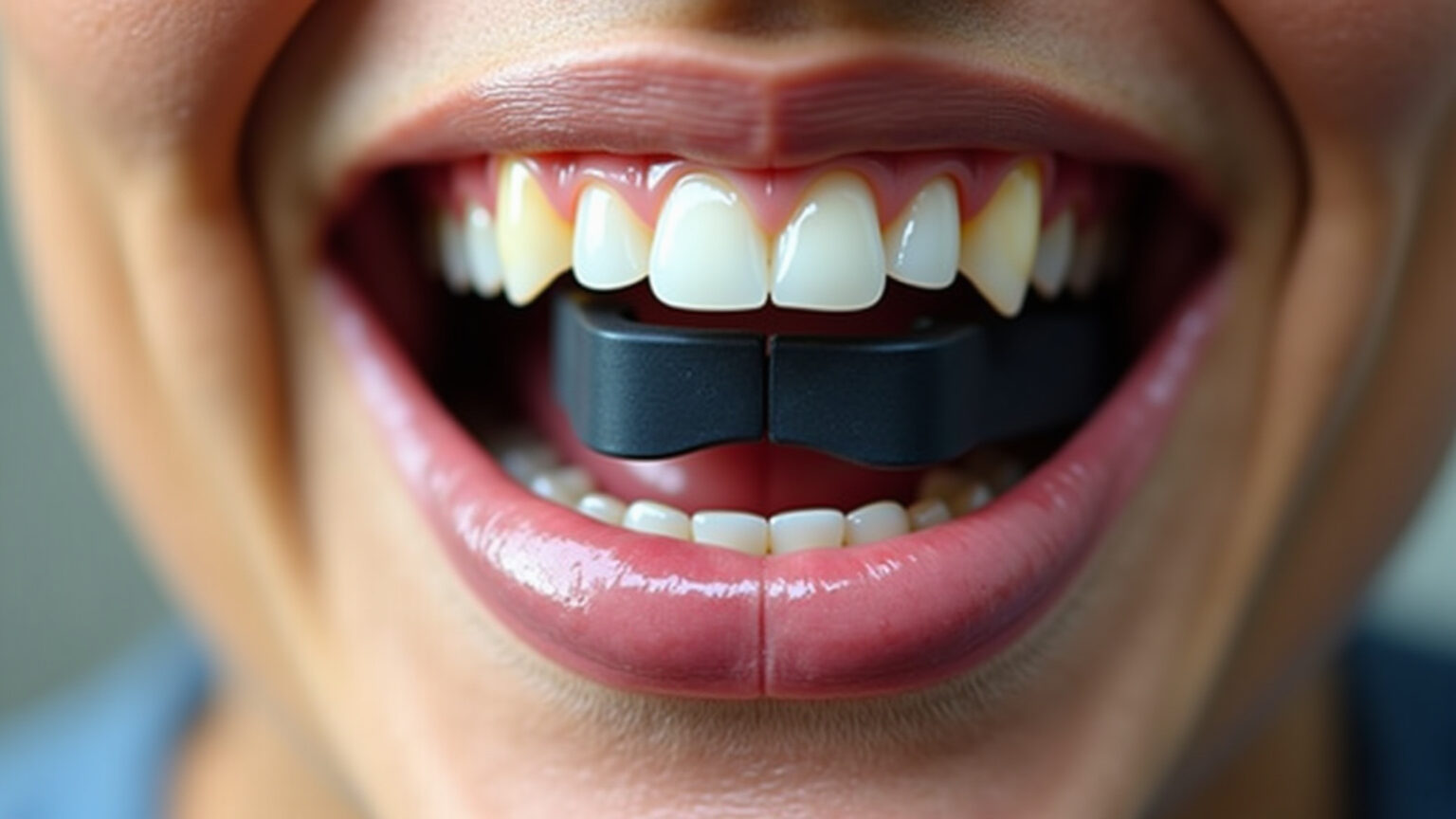 Protetor bucal preto moldado para proteção dental.