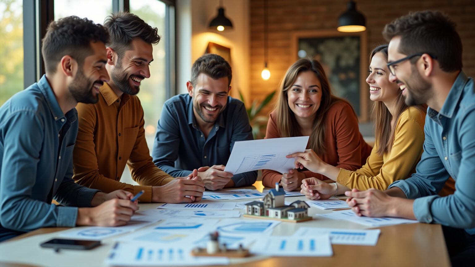 Pessoas sorrindo analisando investimentos em negócios com potencial de retorno rápido.
