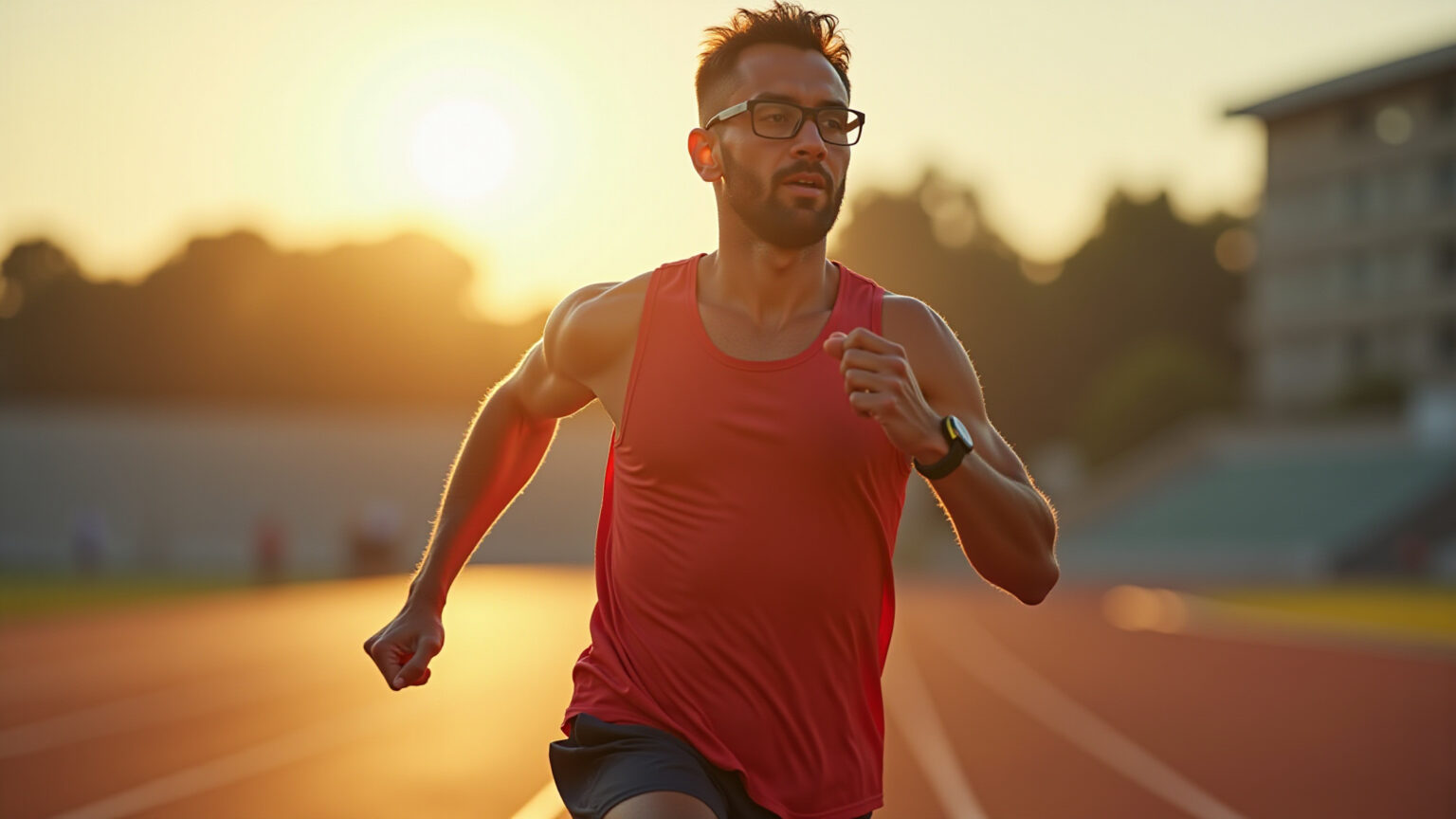 Óculos Esportivo Masculino: Quais os Modelos Mais Resistentes para Treinos Pesados? Homem brasileiro correndo em alta intensidade com óculos esportivos resistentes.