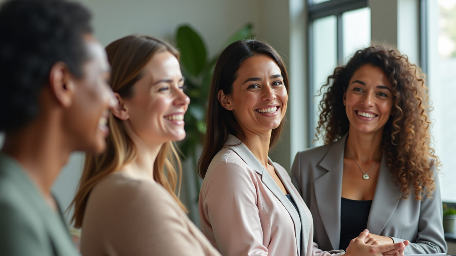 Grupo diverso de adultos brasileiros sorrindo e discutindo planos de saúde em um escritório moderno.