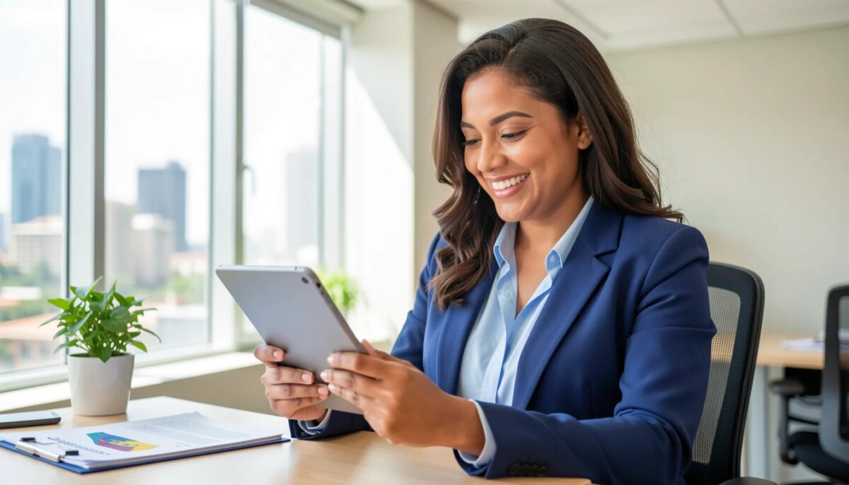Empresária confiante analisando contrato governamental em tablet no escritório