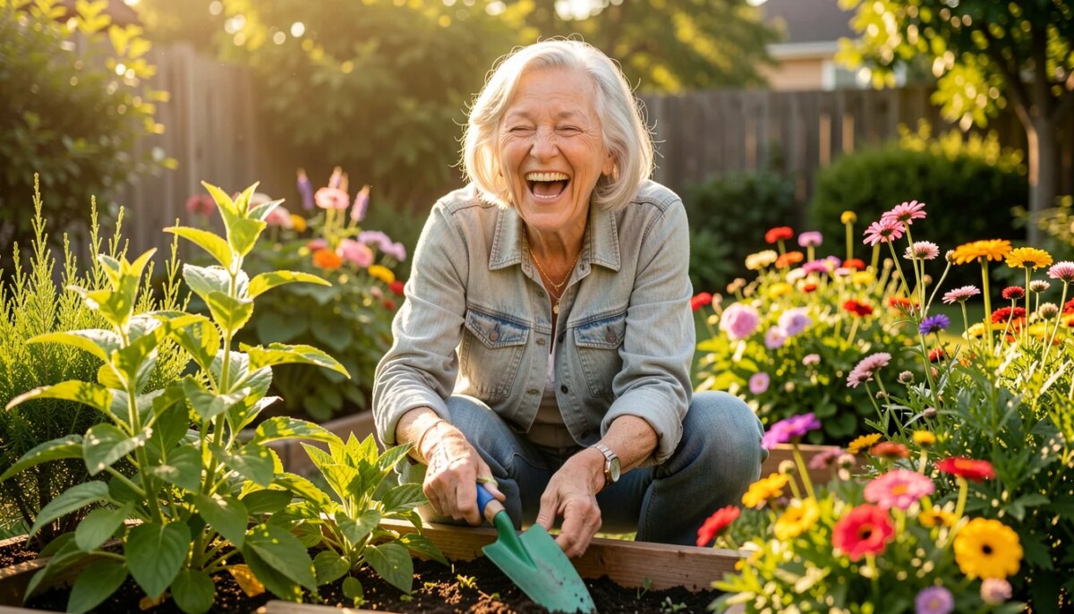 Idosa feliz cuidando do jardim em dia ensolarado