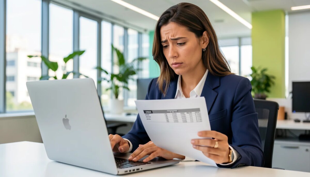 CNAE: Passo a Passo para Identificar o Ramo de Atividade de uma Empresa Empresária brasileira aliviada conferindo código CNAE no laptop em escritório moderno.