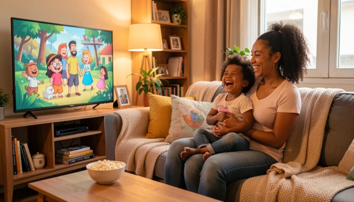Melhores filmes para crianças: deixe seu filho entretido e saiba onde assistir Mãe e filho sorrindo no sofá assistindo filme infantil na TV