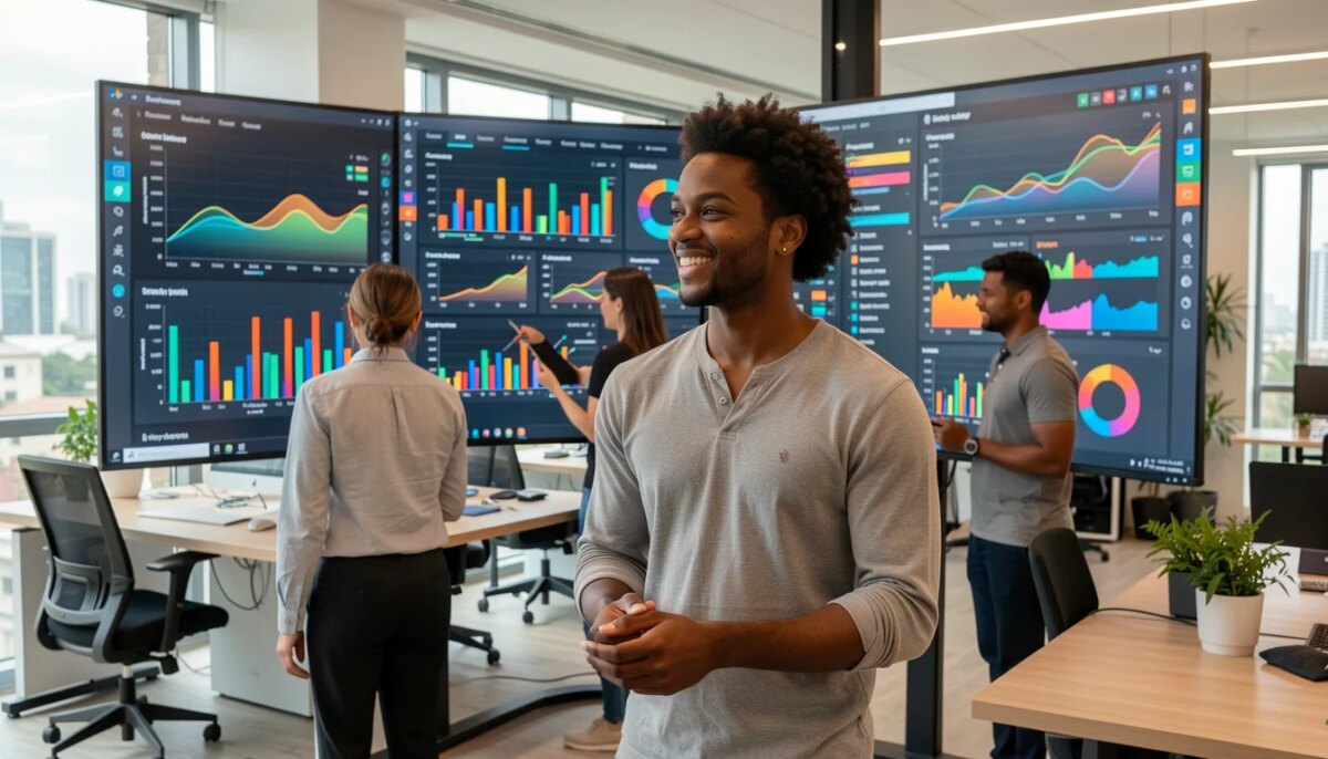 Equipe de marketing analisando dashboards de performance digital em escritório moderno